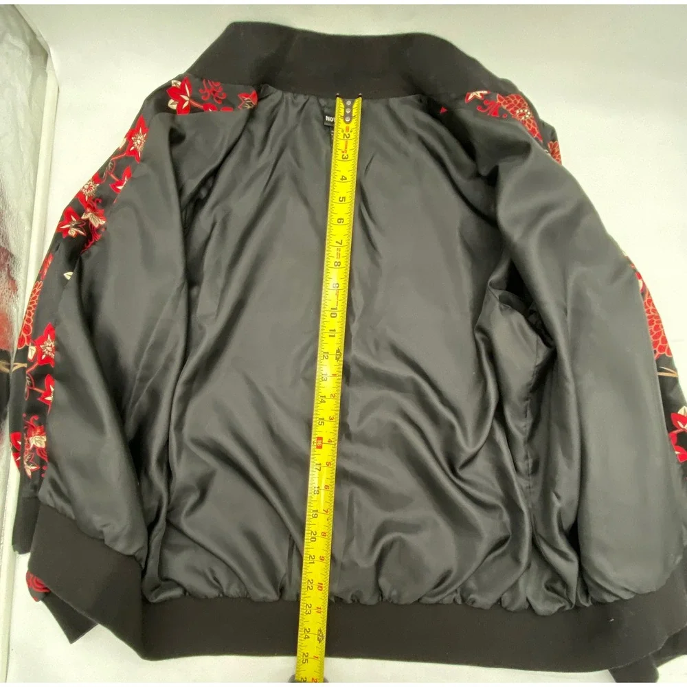 Notations Silk Bomber Jacket Womens Large Black Red Floral Chrysanthemum Zip Up - Picture 4 of 7